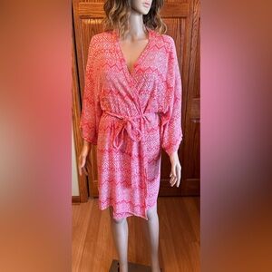 Pink Blush Womens Medium Duster Robe Geometric Color Barber Pink Tie Belt